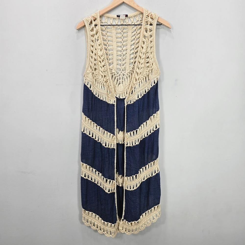 Open Front Crochet Gauze Longline Duster Cardigan S Boho Festival Crinkle Tiered